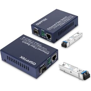 A Pair Gigabit Ethernet Media Converter, 10/100/1000Mbps Networks Ethernet to Fiber Media Converter, with 2pcs 1000Base-LX SFP Module (1.25Gb/s, Single-Mode, Dual LC, 1310nm, 20km)