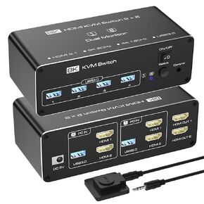KVM Switch 2 Monitors 2 Computers, HDMI KVM Switches 8K@60Hz, USB 3.0 KVM Switches for 2 Computers Share Dual Monitor and 4 USB Devices, DisplayPort KVM with Wired Controller Support Extend/Copy Mode