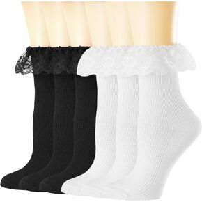 BIVOLU Womens Crew Socks Lace Ruffle Frilly Cotton Cute Princess Ankle Dress Socks for Girl 2/4/5/6 Pack