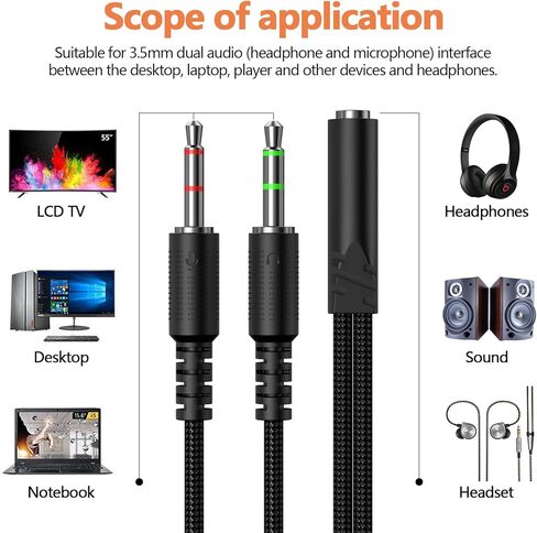 سماعة رأس Koopao 3.5 مم من الكبل MIX AUX للكمبيوتر ، سماعات الرأس 3.5 مم أنثى إلى 2 منفذ أذن ميكروفون مزدوج ميكروفون جاك جاك جاك إلى محول ألعاب مكبر الصوت. in Kuwait