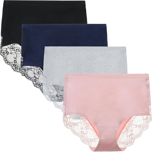 LIQQY Women's 4 Pack Combed Cotton Lace Coverage Full Rise Seamless Brief Panty Underwear in Saudi Arabia