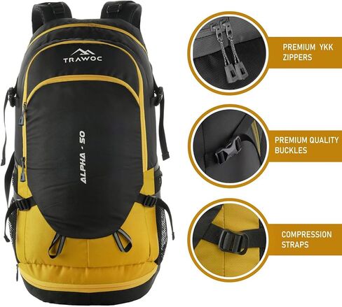 ALPHA 50 Litre Travel Backpack Water Resistant Daypack Bag for Cycling Trekking Hiking Camping for Men & Women, Yellow in Saudi Arabia