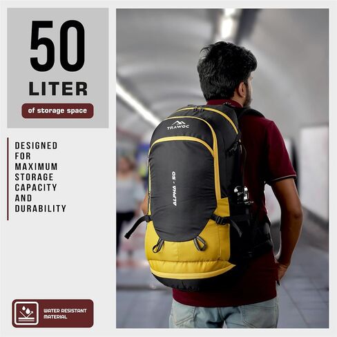 ALPHA 50 Litre Travel Backpack Water Resistant Daypack Bag for Cycling Trekking Hiking Camping for Men & Women, Yellow in Saudi Arabia