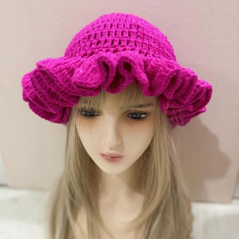 Women Crochet Bucket Hat Cute Winter Ruffled Brim Floppy Cap Handmade Knit Cloche Hats in Saudi Arabia