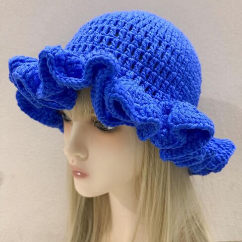Women Crochet Bucket Hat Cute Winter Ruffled Brim Floppy Cap Handmade Knit Cloche Hats in Saudi Arabia