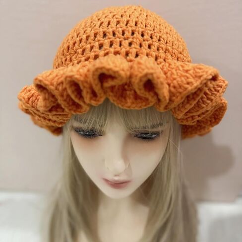 Women Crochet Bucket Hat Cute Winter Ruffled Brim Floppy Cap Handmade Knit Cloche Hats in Saudi Arabia