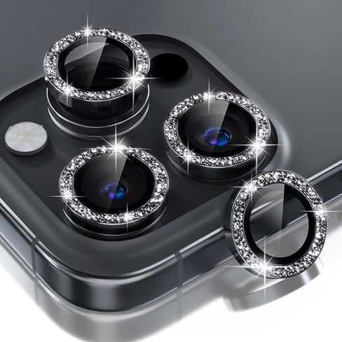 Compatible for iPhone 16 Pro/iPhone 16 Pro Max Camera Lens Protector Bling, 9H Tempered Glass Camera Cover Screen Protector Metal Ring Decoration Accessories (Diamond-Black) in Saudi Arabia