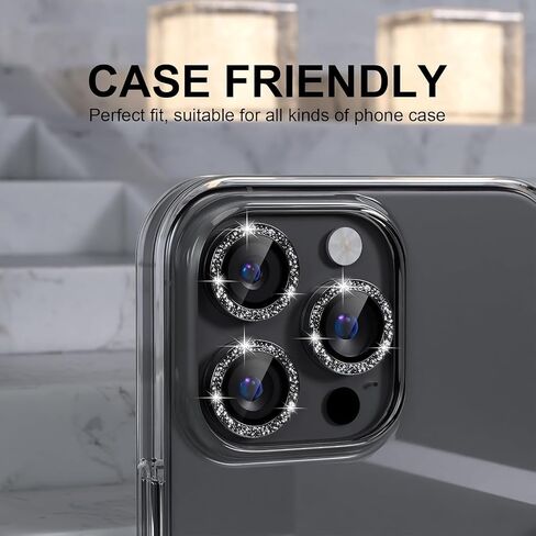 Compatible for iPhone 16 Pro/iPhone 16 Pro Max Camera Lens Protector Bling, 9H Tempered Glass Camera Cover Screen Protector Metal Ring Decoration Accessories (Diamond-Black) in Saudi Arabia