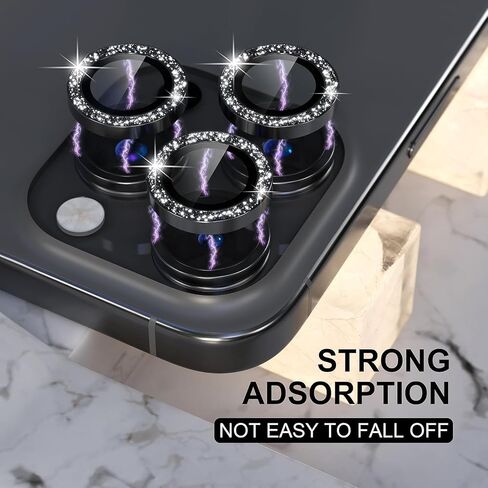 Compatible for iPhone 16 Pro/iPhone 16 Pro Max Camera Lens Protector Bling, 9H Tempered Glass Camera Cover Screen Protector Metal Ring Decoration Accessories (Diamond-Black) in Saudi Arabia