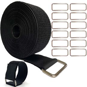 Wide 2" ×16 Ft Long Hook and Loop Cable Straps with 12 Heavy Metal Buckles, Adjustable Nylon Tie Down Straps,Free Cut Length and Width, Reusable, Black