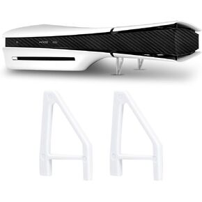 PS5 Slim Replacement Stand & Console Center Skin - Middle Strip Protection Film, Durable Scratch Resistant, Cooling Feet, Horizontal Placement Holder (White Stand/Black Carbon Fiber Sticker)