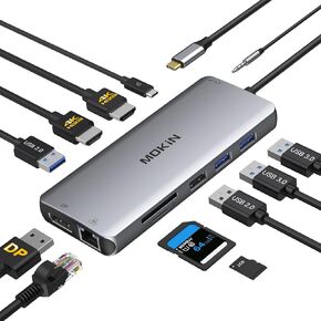 USB C Docking Station 3 Sonitors ، USB C HUB مع 2 HDMI ، DisplayPort ، 100W PD ، 4 *USB ، Gigabit Ethernet ، SD/TF Card Reader ، منفذ الصوت ، محول متعدد الأجهزة المحمولة ، HP ، Dell ، Lenovo ، Surface