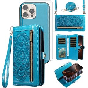 Asuwish Phone Case for iPhone 16 Pro 6.3 inch Zipper Wallet Magnetic Detachable Cell Cover with Tempered Glass Screen Protector Crossbody Strap Flower Credit Card Holder i Phone16 i16 16Pro Women Blue