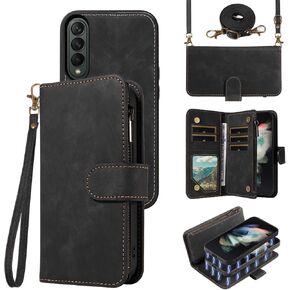 Asuwish Phone Case for Samsung Galaxy Z Fold 3 5G 2021 Zipper Wallet Detachable Magnetic Cover with Crossbody Lanyard Card Holder Slot Leather ZFold3 Z3 Fold3 3Z ZFold35G Women Girls Men Black