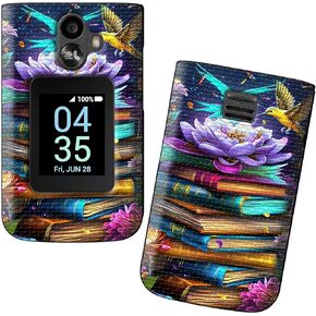 for TCL Flip 3 (2024, T435) Phone Case with Tempered Glass Screen Protector, Dual Layer Anti-Scratch Shockproof Protective Slim Grid Texture Case for Women Man, Book Peony