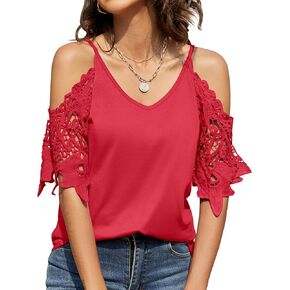 TFSDOD Womens Summer V Neck Cold Shoulder Tops T Shirts Cut Out Lace Short Sleeve Solid Color Blouses Shirt