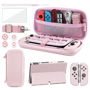 FANPL Case bundle for Nintendo Switch OLED Accessories, Carrying Case for Switch OLED and Joy Con Controller with Hard Flip Protective Case and Screen protector, 4 Thumb Grips, Shoulder Strap (Pink)