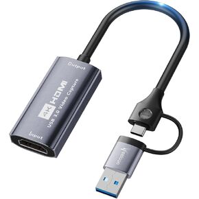 Video Capture Card,Veeloon 4K HDMI to Type-C Capture Card with USB 3.0 Adapter,1080P 60FPS Capture for Teaching/Broadcasting/Gaming/Streaming/Conference,Compatible with Windows,MacOS,Switch,OBS