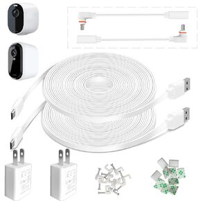 2-Pack 20FT Weatherproof Charging Cable with Adapter for Arlo Essential 2K (2nd Gen)/XL and Arlo Essential/XL Spotlight Camera, White Outdoor Flat Power Charging Cable