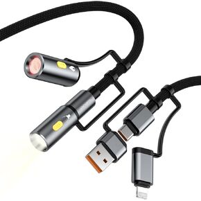 6-in-1 Outdoor Explorer Lightning/USB-A/USB-C to USB-C Cable with Emergency Light & Fire Starter, 60W Charging Cable with Survival Tools, 4ft/1.2m Rugged Design for Camping, Hiking & Travel