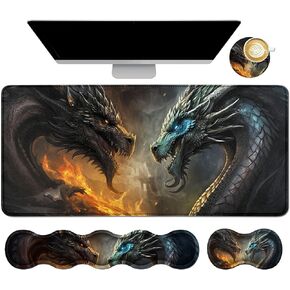 4Pcs Memory Foam Keyboard Mouse Wrist Rest Pad + Gaming Desk Mat 31.5" * 11.8" with Stitched Edges + Mouse Wrist Cushion + Coasters, Non-Slip Desk Pad Protector for Laptop Desktop, Flame Dragon