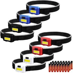 8 Pack Led Headlamp for Adults and Kids, 1.1oz/31g COB Flood Light Ultra Bright Head Lamp with 3 Modes 24 AAA Batteries, Waterproof Work Flashlight for Family Camping Running Reading Hiking