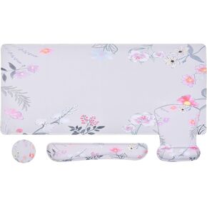 MEGREZ 4-in-1 Ergonomic Memory Foam Wrist Support Set, Desk Pad + Mouse Pad with Wrist Rest + Keyboard Wrist Rest + Coaster, Keyboard and Mouse Pad for Pain Relief, Pink Flower