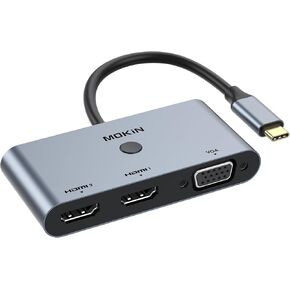 USB C to Dual HDMI VGA Adapter, USB C Docking Station 3 Monitors with Cast Screen Button Design,Type C to VGA HDMI Splitter Converter for MacBook Pro/Air, Dell/HP/Lenovo