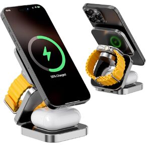 3 in 1 Foldable Wireless Charging Station with magsafe Charger, Compatible with Apple Watch & Apple Devices, Compact Charging Station for efficient Space-Saving, Apple Watch Charger