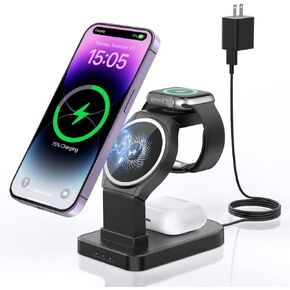 Wireless Mag-Safe Charging Station,CYFIBYNO 3 in 1 Wireless Charging Stand for iPhone 16/15/14/13/12/Pro/Max, Fast Wireless Charging Dock Stand for Apple Watch Series & Airpods
