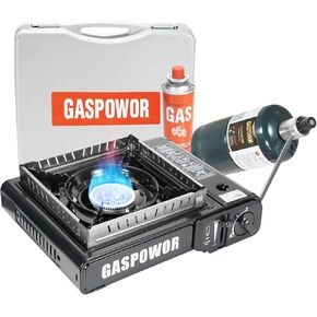 Dual Fuel Camp Stove with Windblocker, 10,000 BTU Butane Propane Stove, Automatic Ignition, Portable Propane Burner with Propane Adapter Carrying Case for Hiking (Fuel Not Included)