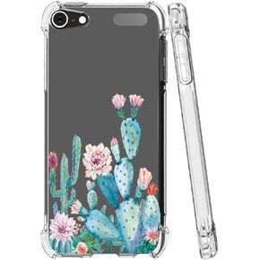 for iPod Touch 7 Case, Touch 6 Case with Flowers, Shockproof Clear Floral Soft Flexible TPU Slim Phone Case Cover for Apple for iPod Touch 5/6/7th Generation Cactus