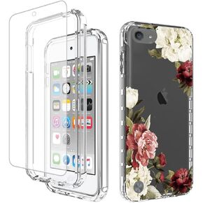 for iPod Touch 6/Touch 5/Touch 7 Case with Tempered Glass Screen Protector, Full-Body Shockproof Cute Clear Floral Pattern Protective Phone Cover Case for iPod Touch 5th / 6th / 7th (Flower)