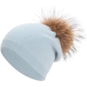 Women Cashmere Winter Slouchy Knit Beanie Hat with Real Fur Pom Pom Winter Beanie Knit Stocking Cap Ski Hat in Kuwait