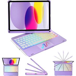 KVAGO Keyboard Case for iPad 10th Generation 2022 (10.9"), Multi-Touch Trackpad, 7 Color Backlight Keyboard, 360° Rotatable Smart Case with Pencil Holder, Thin & Light for iPad 10th Gen 10.9, Purple