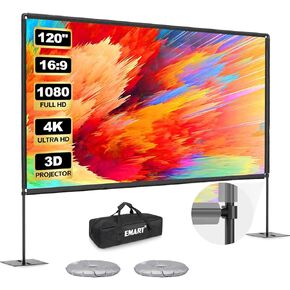 EMART Outdoor Projector Screen with Stand, 120 Inch Portable Indoor 16:9 4K HD Rear Front Movie Screens & Foldable Stand with Heavy Flat Base for Backyard, Party, Night(Include Water Bag, Carry Bag)
