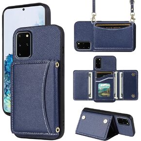 Phone Case for Samsung Galaxy S20 Plus S20+ 5G Wallet Cover with Crossbody Shoulder Strap and Leather Credit Card Holder Pocket Slim Stand S20+5G S20plus 20S + S2O S 20 20+ G5 Girls Blue