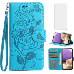 Asuwish Phone Case for Samsung Galaxy A32 5G 2021 6.5 inch with Screen Protector Cover and Wrist Strap Card Holder Slot Stand Wallet Cell Folio M32 G5 A 32 32A S32 SM-A326U A326U Women Men Blue