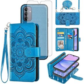 Asuwish Phone Case for Samsung Galaxy A15 5G/4G Zipper Wallet Magnetic Detachable Cell Cover with Tempered Glass Screen Protector Crossbody Strap Flower Card Holder Slot A 15 G5 15A Women Girls Blue