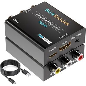 Bluerigger RCA إلى محول HDMI (1080 بكسل ، مركب A/V أحادي الاتجاه إلى محول HDMI ، محول فيديو صوت CVBS ، PAL/NTSC AV إلى HDMI) - متوافق مع PS2 ، PS3 ، Xbox ، DVD ، VCR ، VHS ، VHS ، Blu -ray