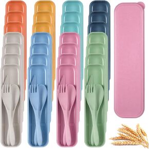 28 Sets Reusable Travel Utensils, Wheat Straw Cutlery Set 7 Assorted Colors, Portable Fork Spoon Cutter with Case, Lunch Box Tableware Set, Utensil Set for School Picnic Travel Outdoor Activities