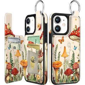 Shorogyt for iPhone 11 Wallet Case with Card Holder, Designer Mushroom Frog Pattern Kickstand Magnetic Clasp Back Flip Folio Leather Phone Cases for iPhone 11 for Women Men Girls