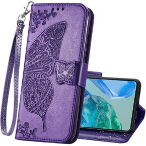 Wallet Case for Samsung Galaxy A16 5G,PU Leather Woman Flip Protective Phone Case Wrist Strap Card Slots Holder Pocket Emboss Butterfly Flower Stand Case for Samsung Galaxy A16 Purple