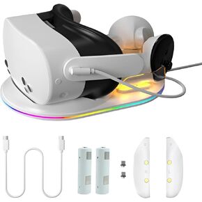 Charging Dock for Meta Quest 3/Oculus Quest 3S, 2-in-1 Charging Station with 2 Rechargeable Batteries, Charger Accessories for Quest 3/3S with RGB Light