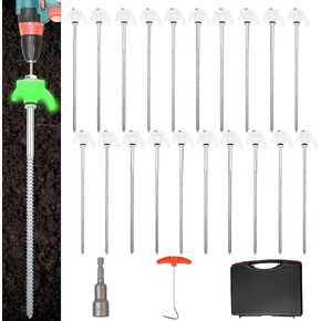 20 Pack 10" Screw in Tent Stakes Heavy Duty,Glow in The Dark Metal Tent Stakes，Metal Stakes with Hex Head Driver, Ground Anchors Screw Pegs for Camping Patio Awning Canopy