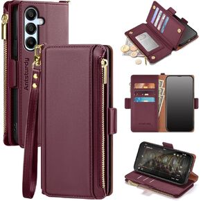 Antsturdy Compatible with Samsung Galaxy A16 5G Case Wallet with Card Holder Women Men Phone Case RFID Blocking PU Leather Flip Protective Cover Wrist Strap Zipper Credit Card Slots,Wine Red
