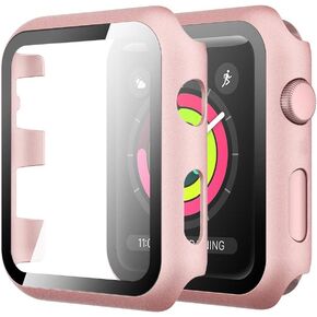 Simpeak Glass Screen Protector Case Compatible with Apple Watch 38mm Series 3 2 1, Full Coverage Hard Case Cover Built-in Tempered Glass Screen Protector Replacement for iWatch 38 mm, Rose Gold