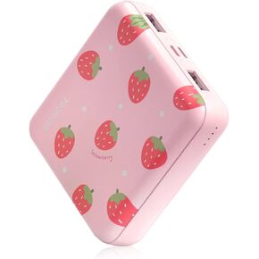 Yoobao Portable Charger 10000mAh, Cute Power Bank USB-C for Girls Travel, 2 Outputs & 2 Inputs (5V/2.1A), Mini Phone Battery Pack for iPhone 14/13/12/11/X, Android, iPad, Samsung, Google (Strawberry)