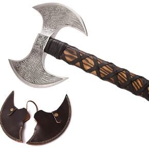 VIKING HOUSE I Camping Axe Tomahawk Viking Bearded Axe Christmas gifts-27 Long Odin's Double Edge Head Viking Axe Twin Blade Axe with Ash Wood Handle with Genuine Leather Sheath(OD-008)