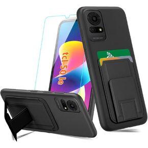 Case for TCL 50 LE Phone Case with Tempered Glass Screen Protector, Folding Card Holder/ Slots Kickstand/Stand Wallet Silicone Shockproof Protective Case for TCL 50 LE 50LE T510SPP 5G 2024 - Black